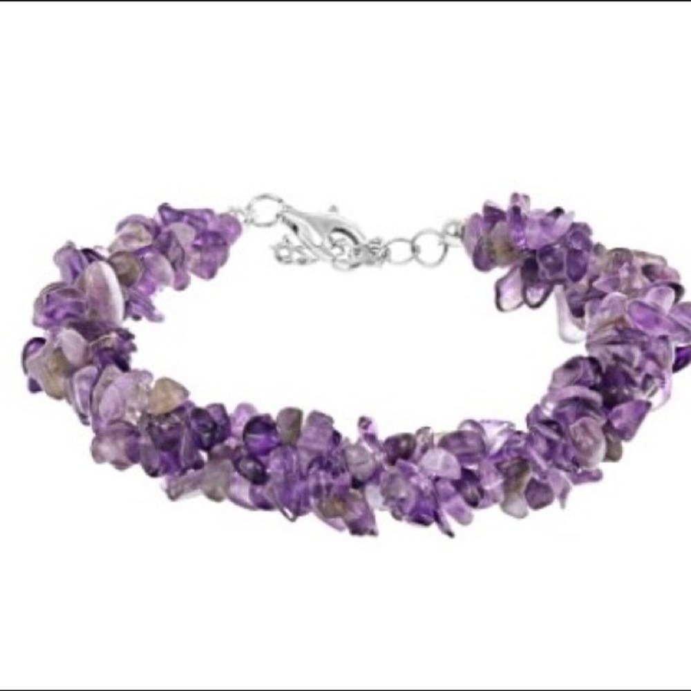 African Amethyst Chip Sterling Silver 3-Strand Twisted Bracelet, JTV, 7.5 In EUC